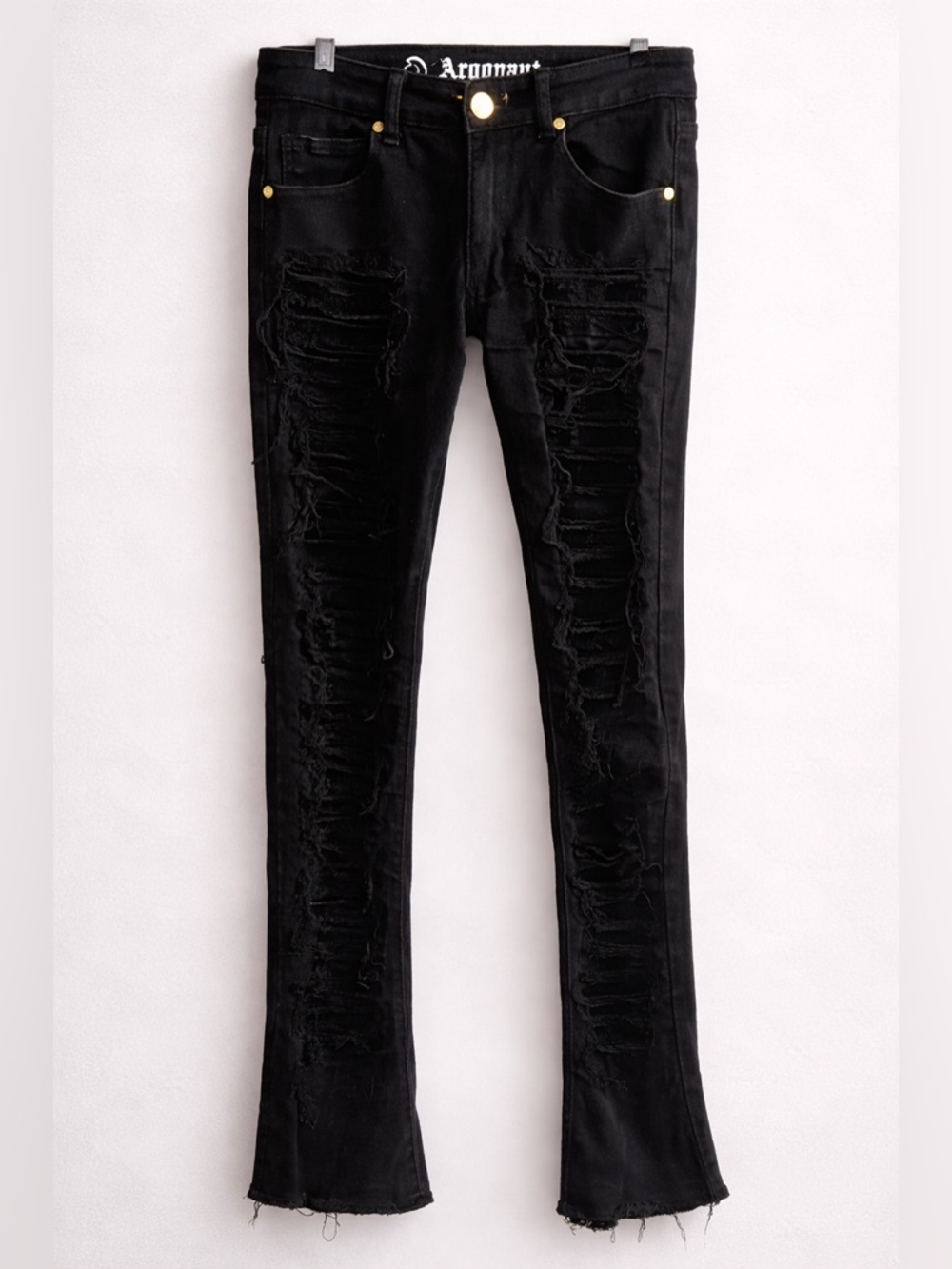 Argonaut Black Distressed Skinny Mens Jeans 30x36 Raw Hem Stretch Denim